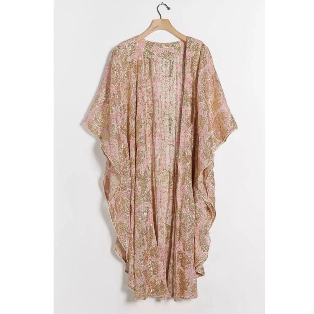 Anthropologie Pink and Gold Floral Kimono Cardigan